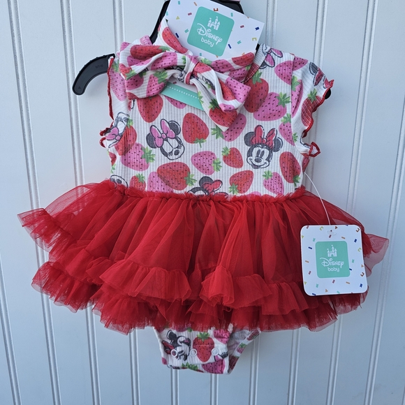 Disney Other - NEW Disney Baby Minnie Mouse Red Pink Strawberry Romper W/ headband 24 Months